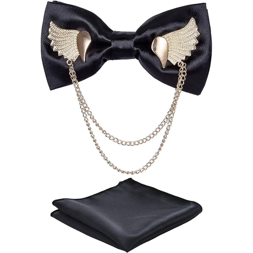 8773 Solid Bow Tie Metal Golden Wing Bowties Hanky Set Tuxedo Banquet Neck